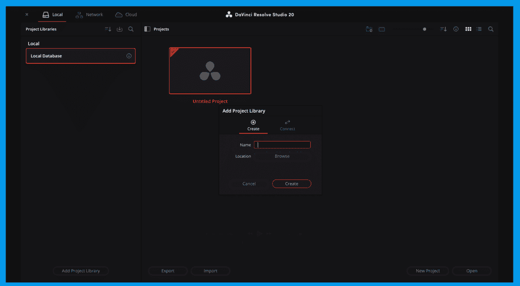 DaVinci Resolve Project Manager – Create Project Library dialog