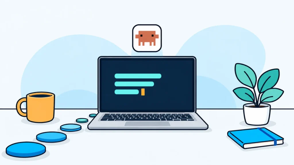 Illustration of a white app icon holding a small orange pixel-art character above an open laptop whose screen is a dark window with short aqua lines and an amber cursor, with round blue stepping stones leading up to it, beside an amber mug, a potted plant and a blue notebook