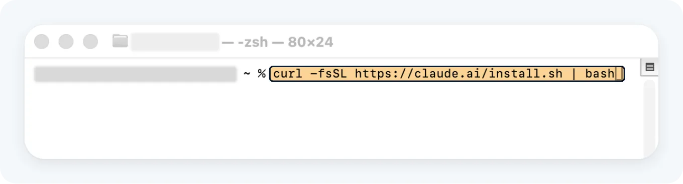 A Terminal window with the Claude Code install command pasted at the prompt, ready to run