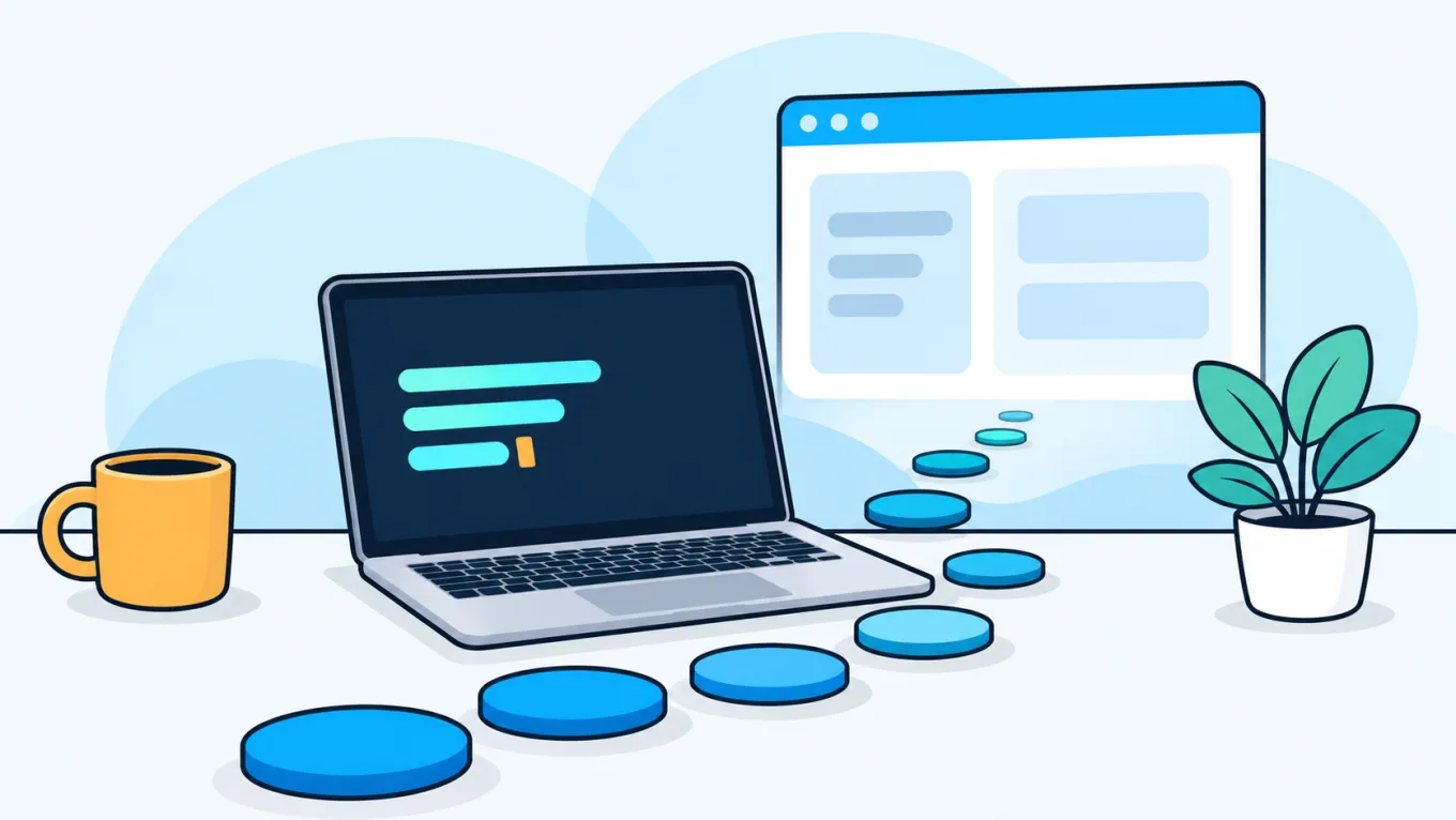 Illustration of a laptop on a desk showing a dark window with aqua lines, with round blue stepping stones leading past it toward a larger light app window floating behind, beside a mug and a plant