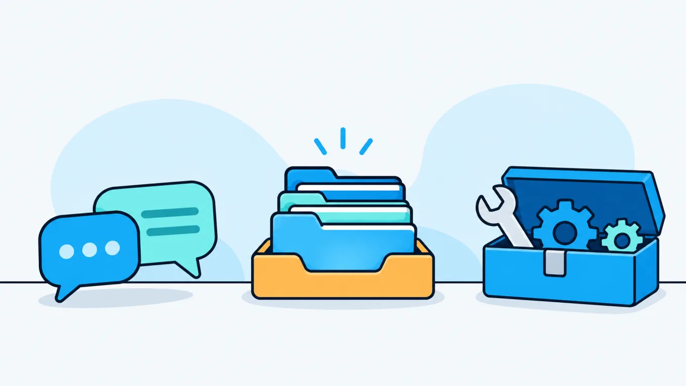 Illustration of two speech bubbles, a stack of folders in an amber tray, and an open blue toolbox holding a wrench and gears, side by side on a desk