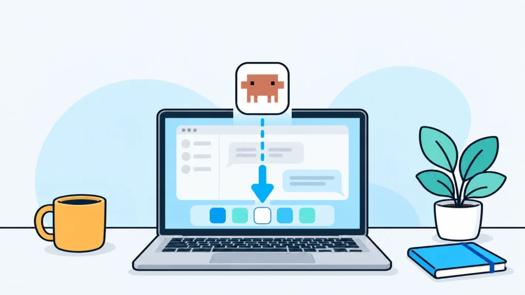Illustration of a white app icon holding a small orange pixel-art character above an open laptop, with a dashed arrow pointing down into the dock, beside an amber mug, a potted plant and a blue notebook
