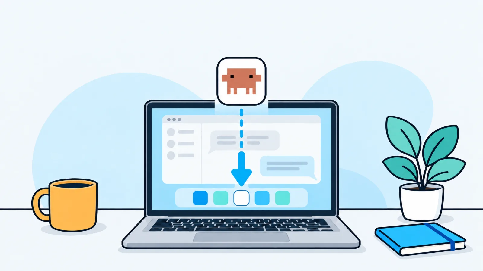 Illustration of a white app icon holding a small orange pixel-art character above an open laptop, with a dashed arrow pointing down into the dock, beside an amber mug, a potted plant and a blue notebook