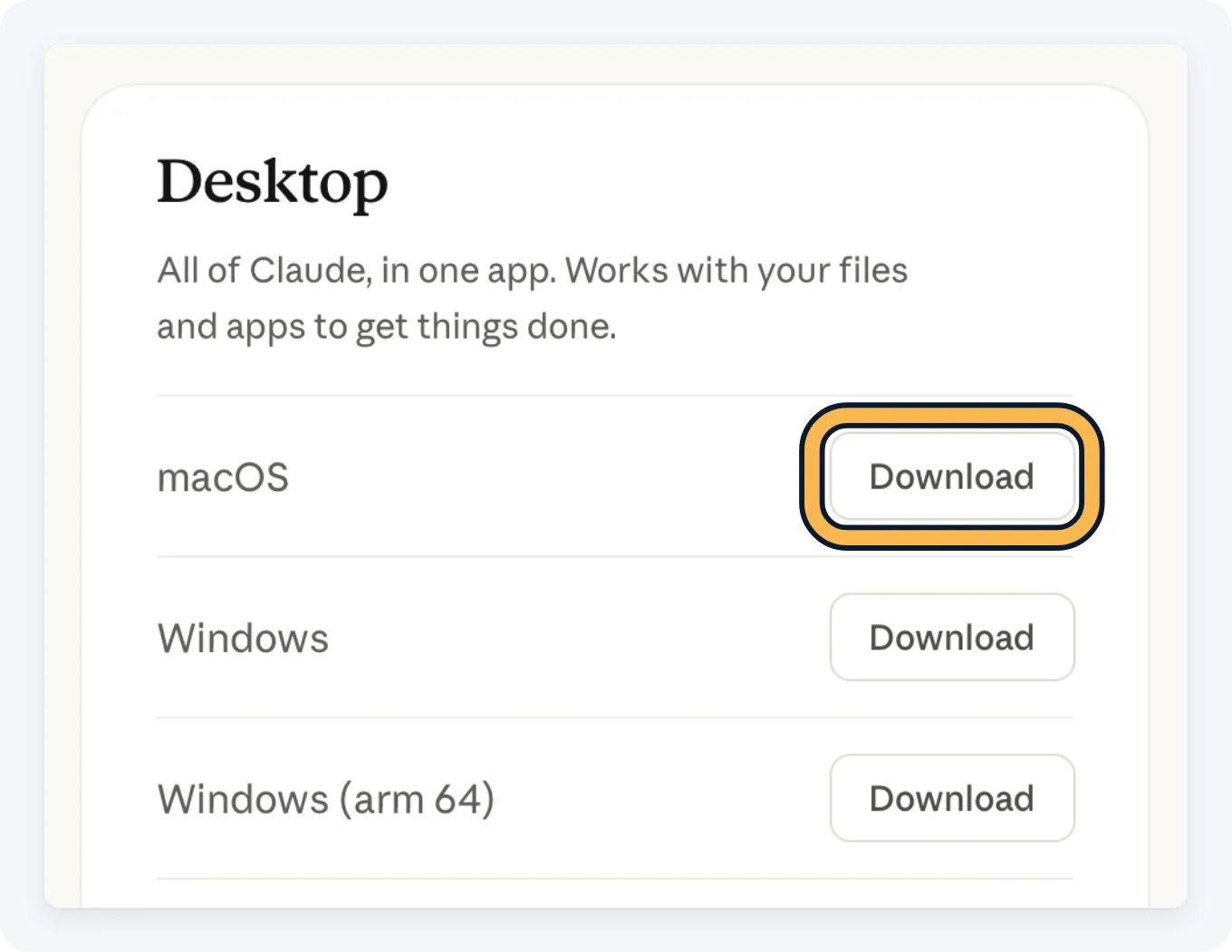 The Desktop section of Claude's download page, with Download buttons for macOS, Windows and Windows arm 64