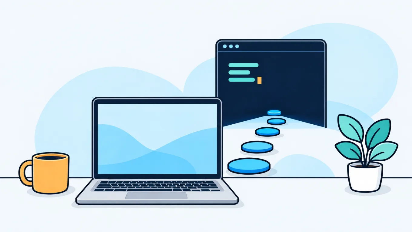 Illustration of a laptop on a desk between a mug and a plant, with a dark terminal window floating behind it and round blue stepping stones leading toward the window